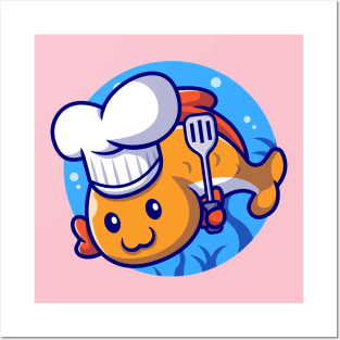 Cute Fish Chef With Spatula Cartoon Posters and Art